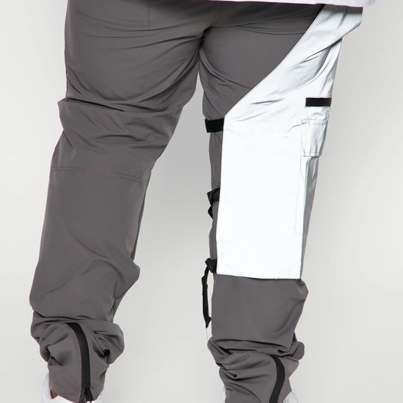 Gray and White Cargo Jogger Pants with Elastic Cuffs - Picture 3 of 4